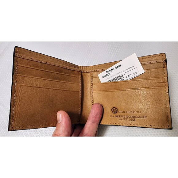 Mens Tan Leather Bi-fold Wallet Floral Tooled by Ranger Belt Company C1301B - Picture 8 of 9